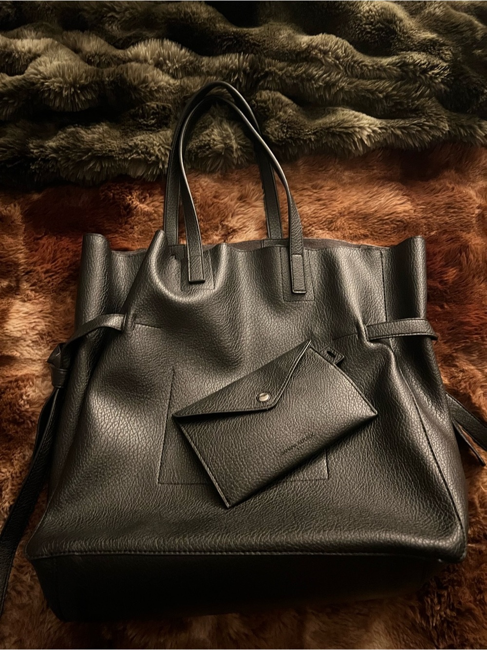 Banana Republic Vegan Leather Tie-Side Tote Bag Black With Pouch